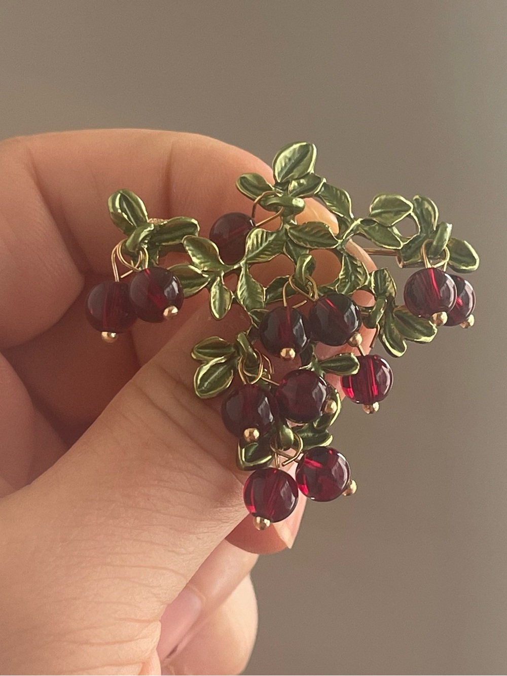Gold-Tone Leaf enamel  Cluster Brooch with Deep Red Bead Accents " Cranberry "